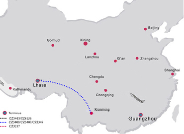 flight route from Kunming to Lhasa flight route from Kunming to Lhasa