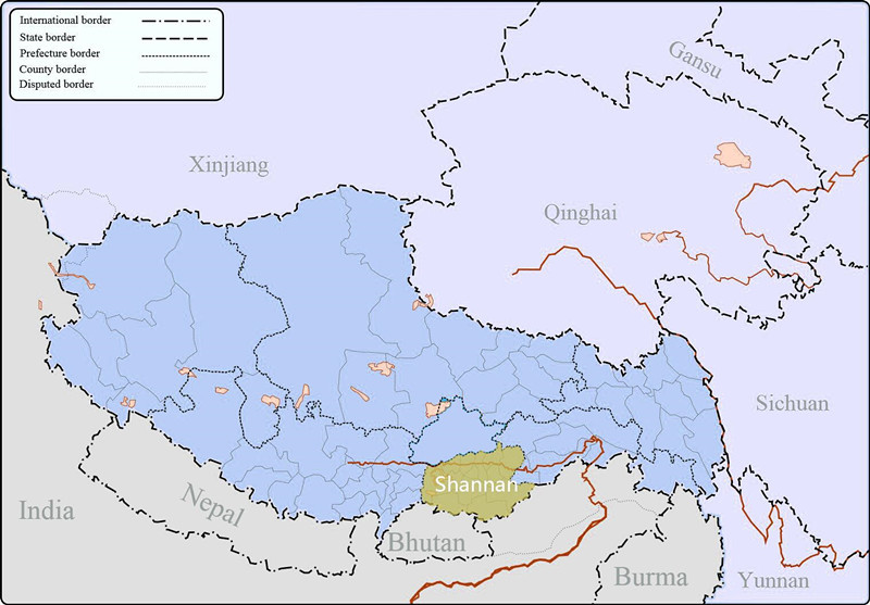Shannan on Tibet map. Shannan on the map.