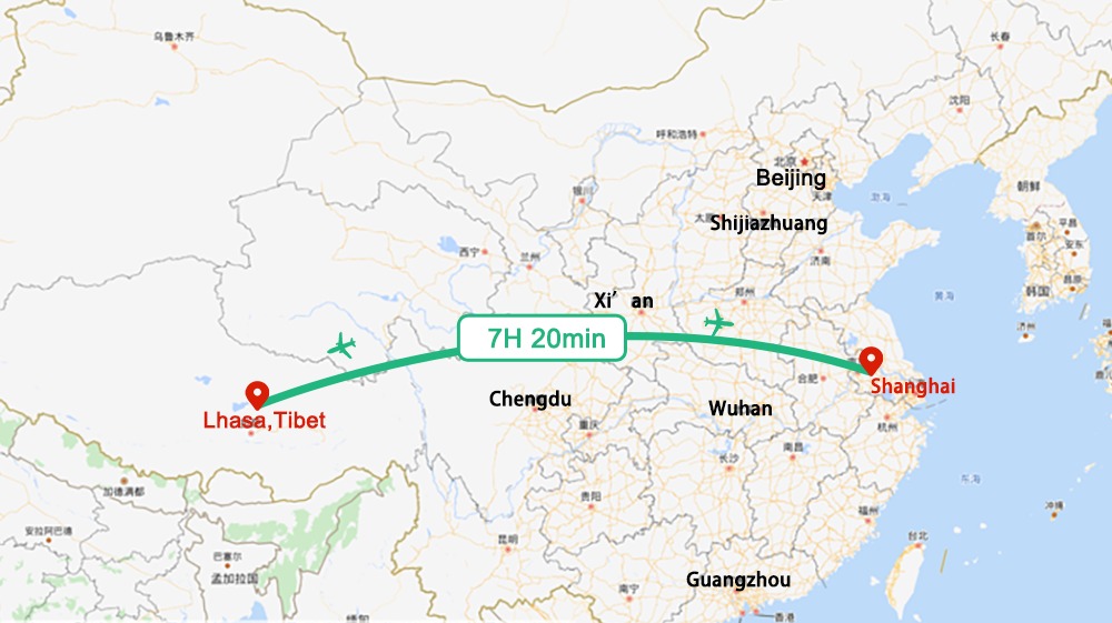 a map shows the flight route from Shanghai to Tibet a map shows the flight route from Shanghai to Tibet