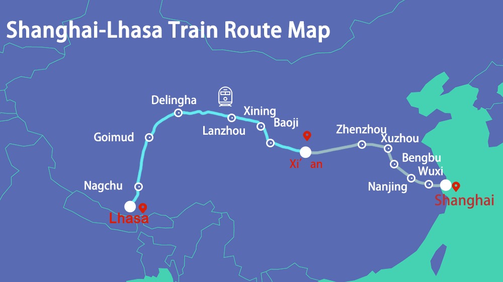 a map shows the train route from Shanghai to Tibet a map shows the train route from Shanghai to Tibet