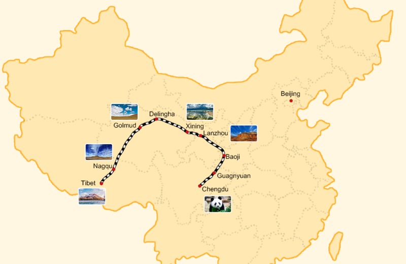 Train route map from Chengdu to Lhasa.