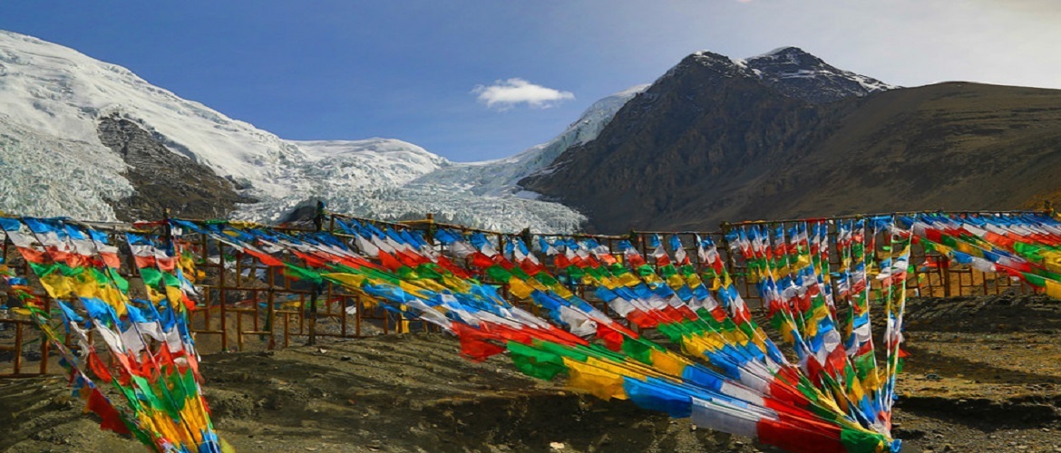 Karola glacier with colorful prayer flags. Karola glacier with colorful prayer flags.