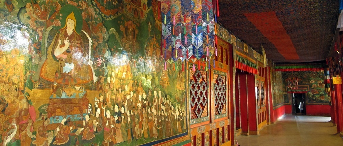 The mural on the second floor of the Utse Hall telling the biography of Master Padmasambhava. The mural on the second floor of the Utse Hall telling the biography of Master Padmasambhava.