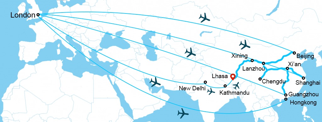 Air routes from UK to Tibet