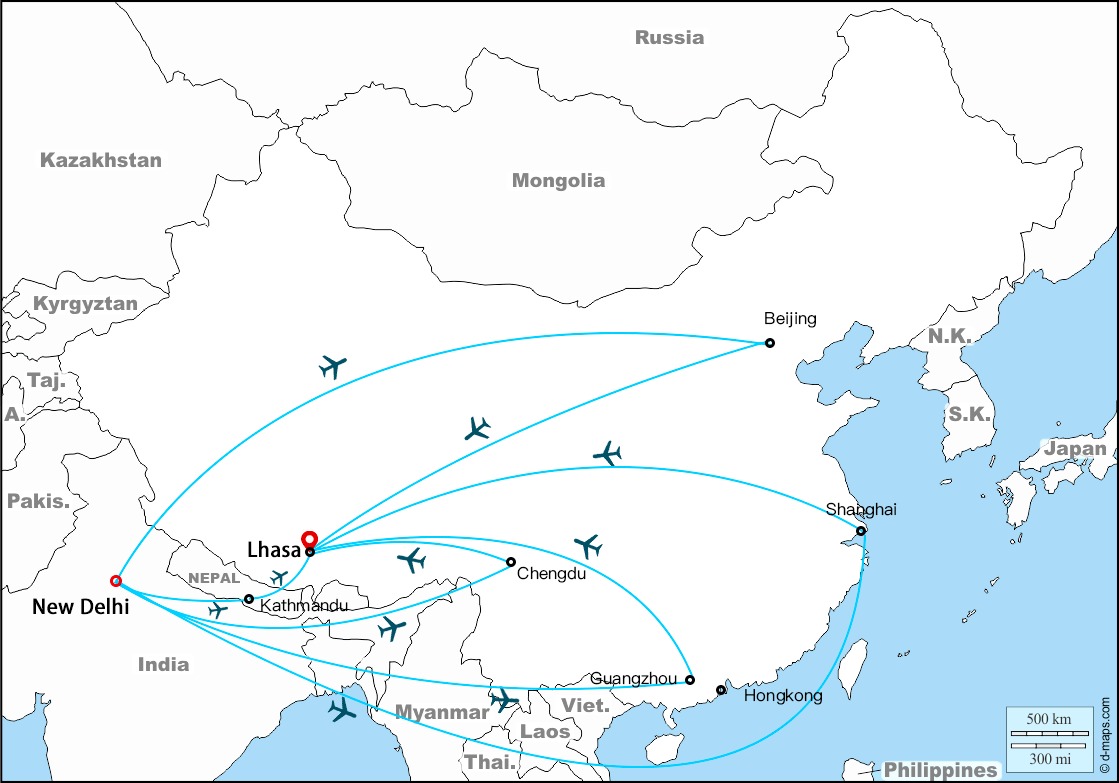 Air route from India to Lhasa