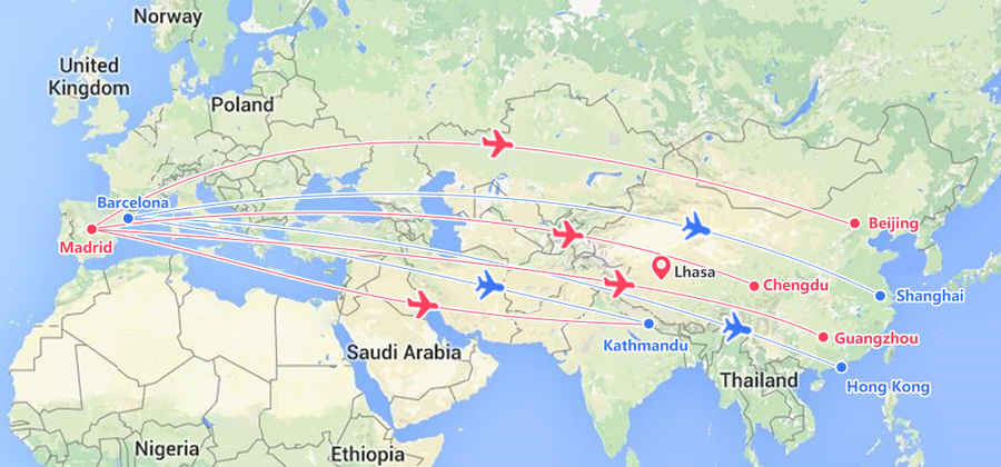 Flying from Spain to Lhasa